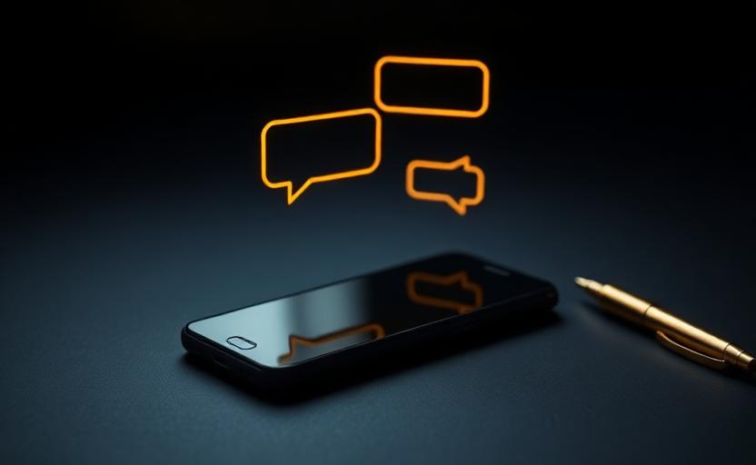 Ilustração de um chatbot com balões de conversa em um celular